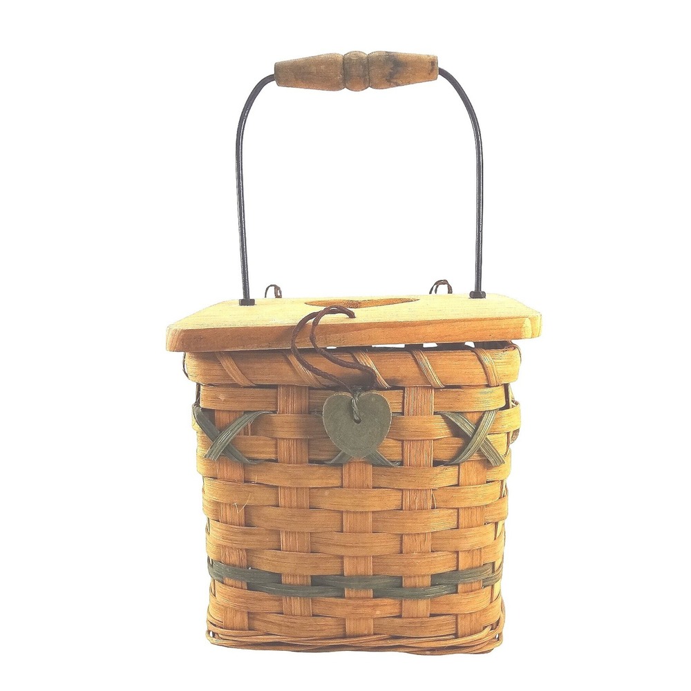 Hand Woven Wood Basket with Heart Cutout Lid Wire Handle‎ Rustic Farmhouse Decor